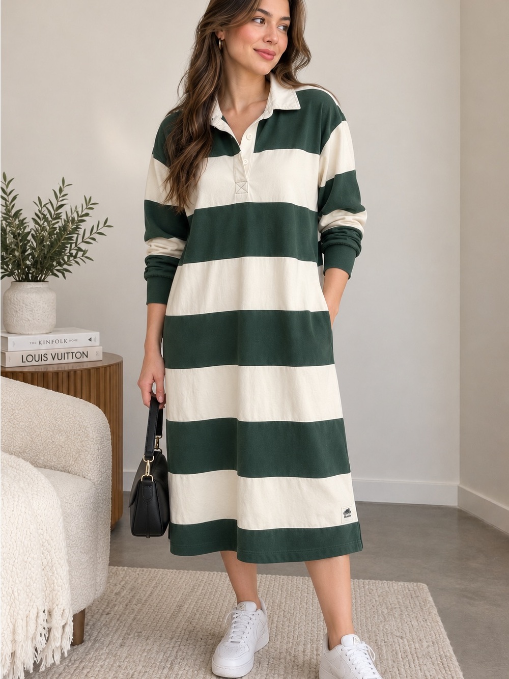 Roots Forest Green and Cream Striped Rugby Shirt Dress